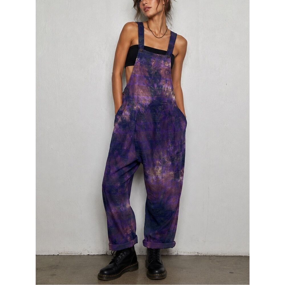 Boho Purple Tie-Dye Cotton Women's Jumpsuit Overalls One  Size